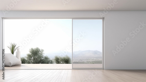 Minimal style modern white empty room with open sliding door. Generative Ai
