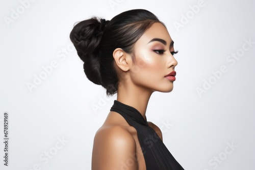 Stylish Asian Woman in a Black Dress and High Bun Generative AI