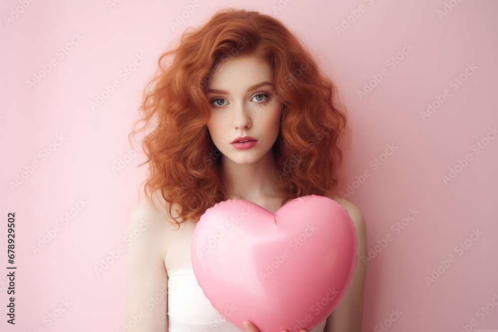 Woman Holding a Pink Heart-Shaped Balloon for Valentine's Day Generative AI Woman Holding a Pink Heart-Shaped Balloon for Valentine's Day Generative AI