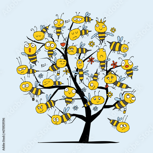 Art tree with Funny Bees family. Beehive concept for your design