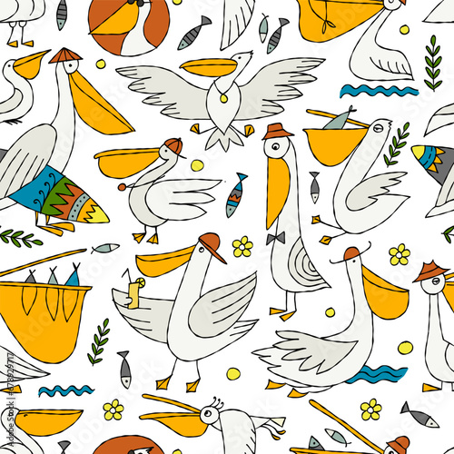 Pelicans family. Funny characters. Seamless pattern background for your design