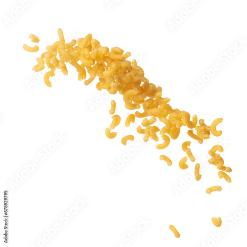 Macaroni flying explosion, yellow macaronis pasta float explode, abstract cloud fly. Curved macaroni pasta splash throwing in Air. White background Isolated high speed shutter, freeze motion photo