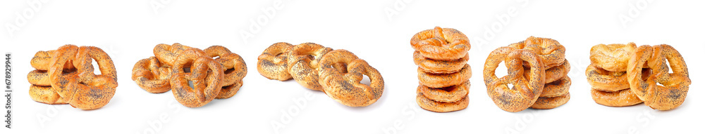 Set of many tasty pretzels isolated on white