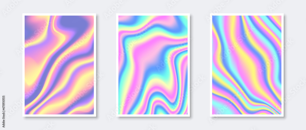 Holographic backgrounds set. Rainbow wavy gradient wallpaper collection for card, brochure, flyer, poster, banner, booklet. Foil iridescent liquid backdrop bundle. Vector colored pastel templates pack