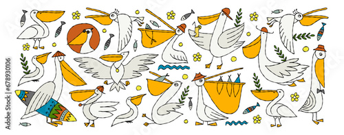 Pelicans family. Funny characters. Horizontal frame for your design - banners...