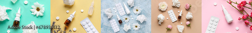 Photos Collage with nasal drops, pills, flowers and tissues on color background