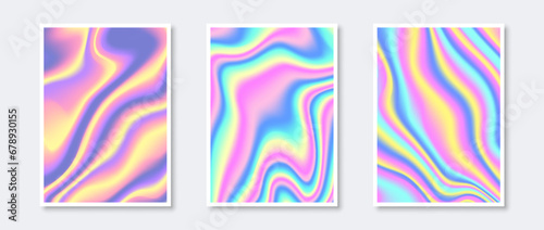 Holographic backgrounds set. Rainbow wavy gradient wallpaper collection for card, brochure, flyer, poster, banner, booklet. Foil iridescent liquid backdrop bundle. Vector colored pastel templates pack