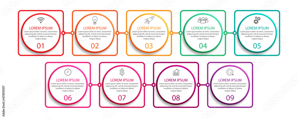 simple infographic business vector with 9 interconnected parts with color lines, icons, tex, numbers, options.
good for your business