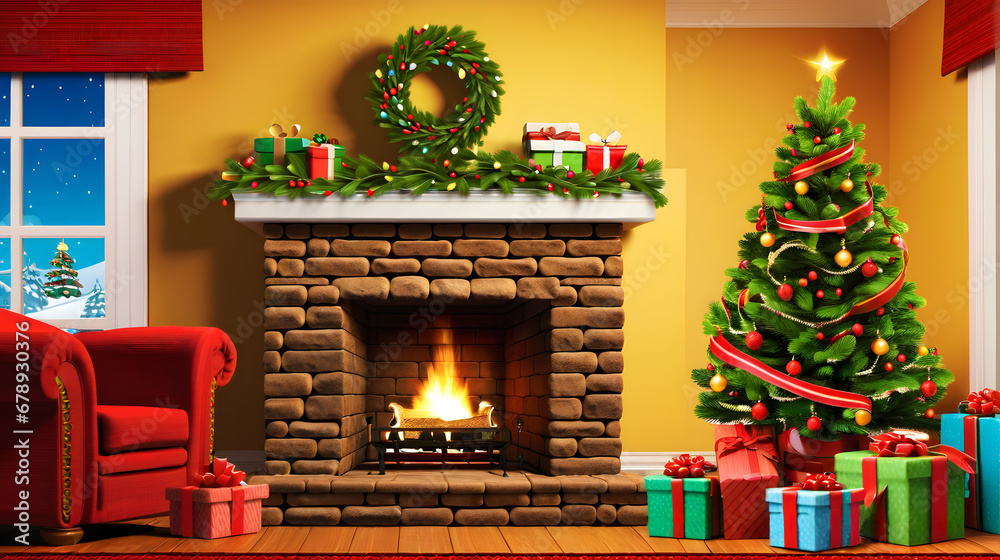 Beautiful Christmas gifts under decorated Christmas tree on floor in living room with fireplace Beautiful Christmas gifts under decorated Christmas tree on floor in living room with fireplace
