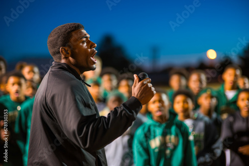 Inspiring high school football coach delivering a motivational speech to his team before the game start