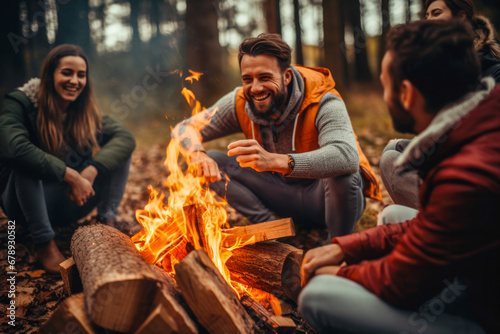 Group of friends talking and laughing around a campfire spending good quality time together in nature and creating pleasant memories