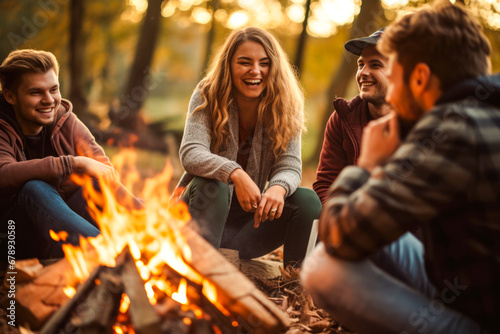 Group of friends talking and laughing around a campfire spending good quality time together in nature and creating pleasant memories
