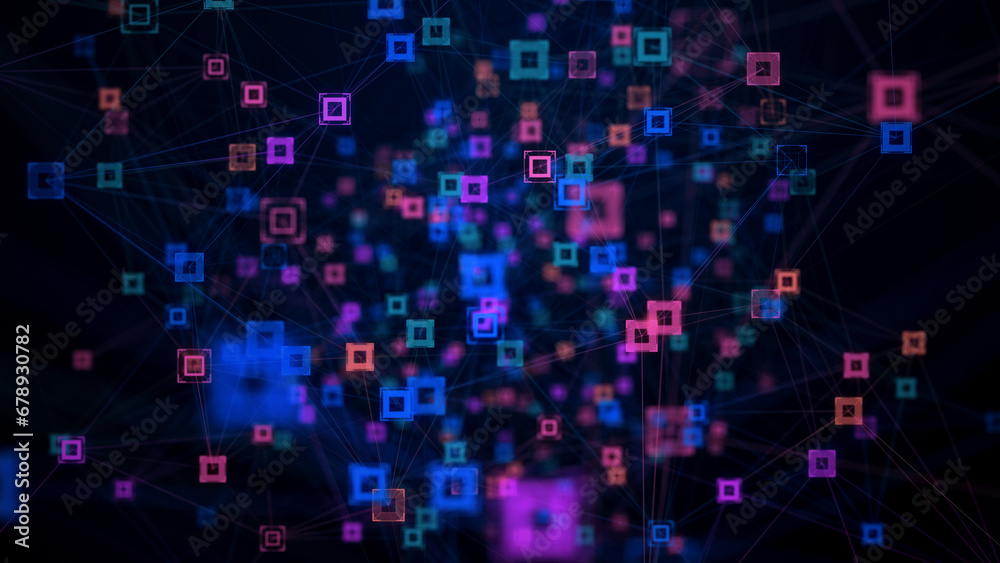 Abstract Digital Futuristic Blue Purple Shiny Selected Focus Random Connected Lines And Square HUD Particles Wireframe Network Background