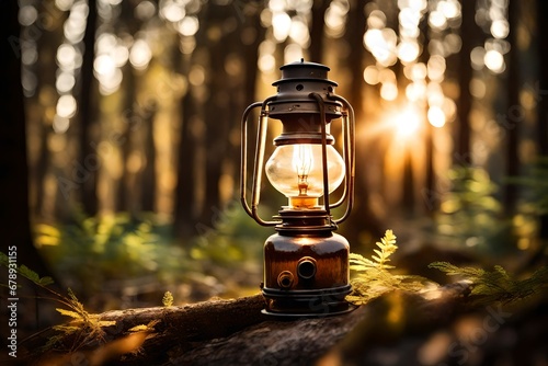 Close-up of kerosene lamp in forest with in the sun