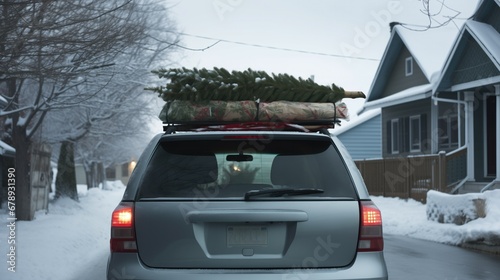 Snowy Adventure: Unveiling the Fir Tree Tied to the Open Hatch of a Black SUV