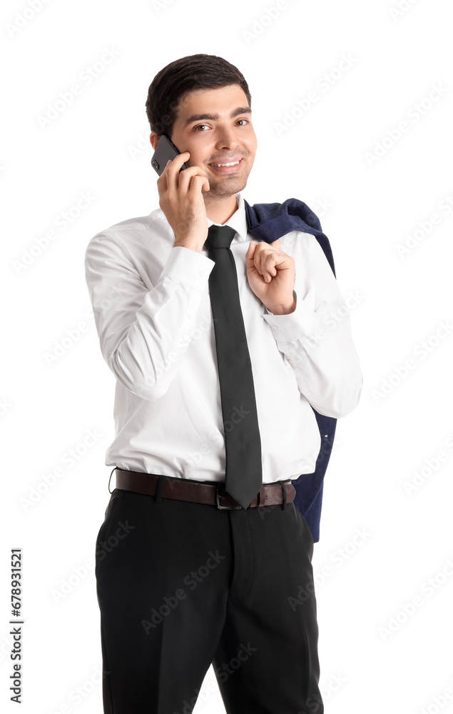 Young businessman talking by mobile phone on white background Young businessman talking by mobile phone on white background