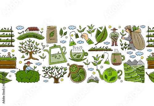 Tea factory - Drink Production Collection. Growth Of Tea On Plantation And Harvesting, Cultivation And Sorting, Flavoring And Packaging. Seamless pattern background for your design