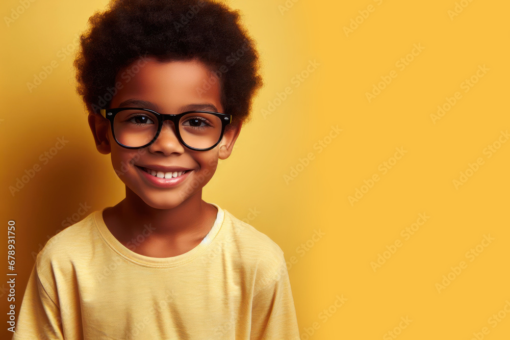 Happy little african american boy with big eyeglasses. Isolated on solid yellow background,copyspace Happy little african american boy with big eyeglasses. Isolated on solid yellow background,copyspace