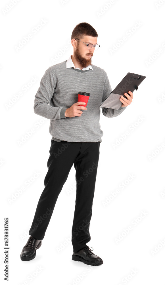 Handsome businessman with tablet computer and cup of coffee on white background Handsome businessman with tablet computer and cup of coffee on white background