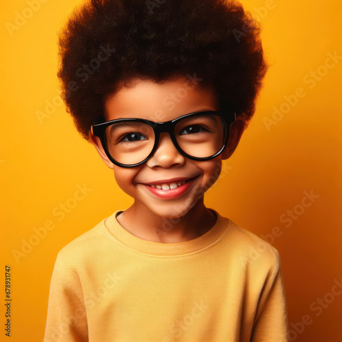 Happy little african american boy with big eyeglasses. Isolated on solid yellow background,copyspace