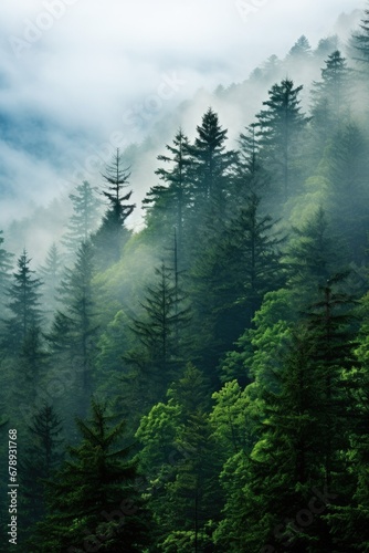 Mystical Morning  A Close-Up of Foggy Smokey Mountains Evergreens