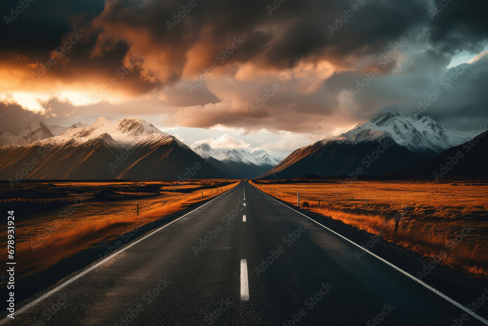 Beautiful scene with The road way to the mountain view of Mount cook. Generative AI.