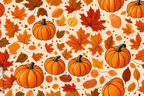 Fall background with orange pumpkins and fall leaves on a light surface, generative AI-