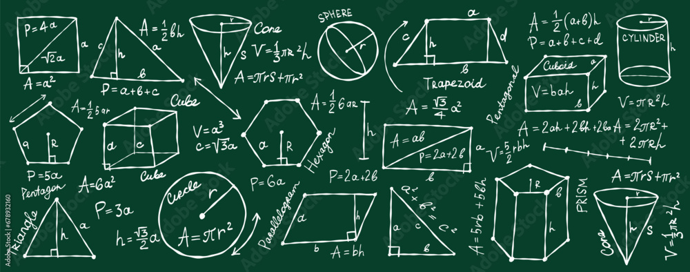 Mathematics and geometry, figures and formulas on dark green background. Banner for school, university and training. Symbols, cheat sheet, mathematics. Hand drawn sketch for your design