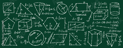 Mathematics and geometry, figures and formulas on dark green background. Banner for school, university and training. Symbols, cheat sheet, mathematics. Hand drawn sketch for your design