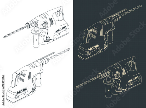 Professional cordless SDS Drill isometric blueprints