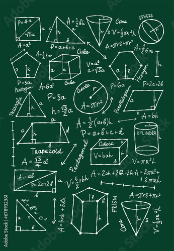 Mathematics and geometry  figures and formulas on dark green background. Vertical card on white background. For school  university and training. Symbols  cheat sheet  mathematics. Hand drawn sketch