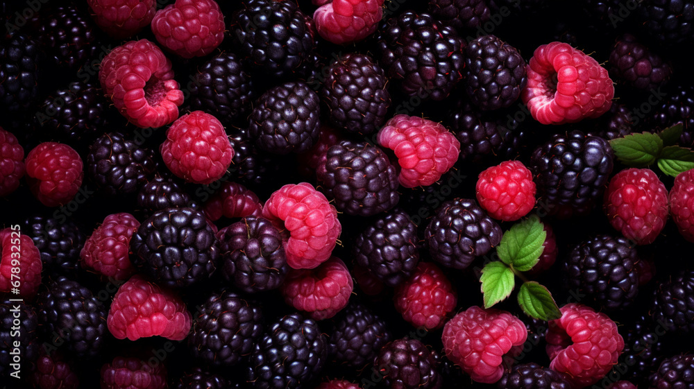 Organic raspberries and blackberries overhead view Organic raspberries and blackberries overhead view