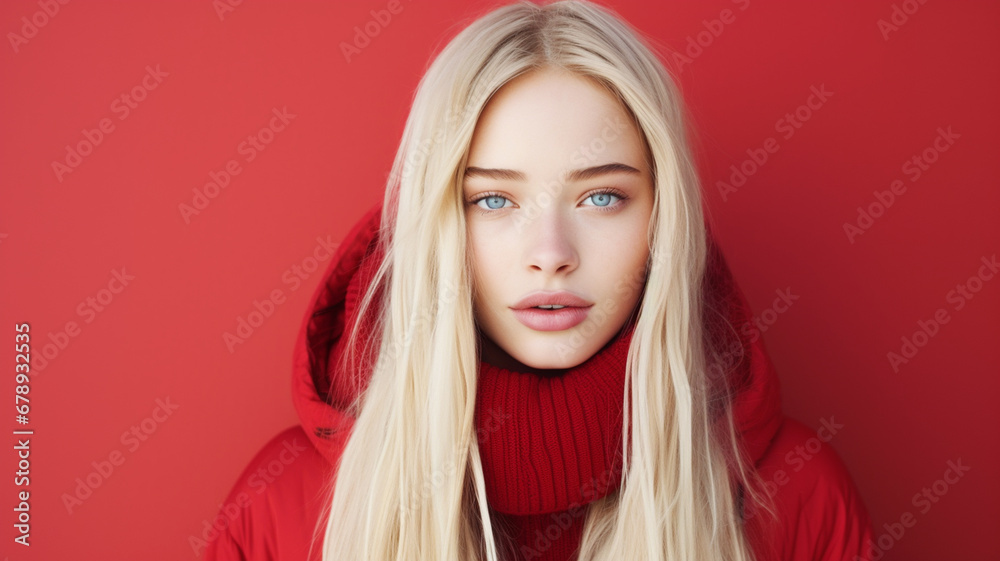 Fototapeta premium Beautiful woman in winter clothes on an a red colored background