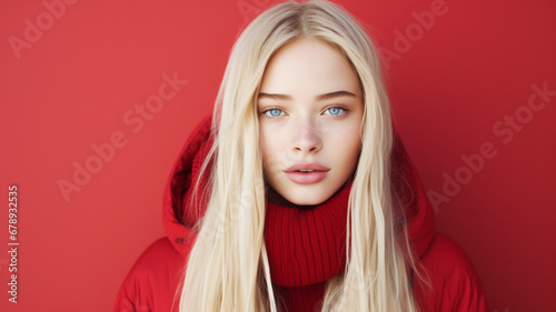 Beautiful woman in winter clothes on an a red colored background