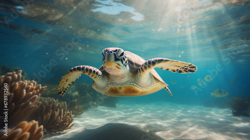 green sea turtle swimming in clear blue waters