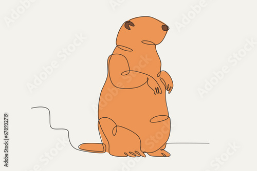 Color illustration of a cute fat groundhog. Groundhog day one-line drawing