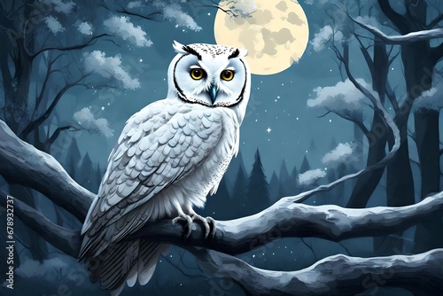 The white owl sit in the tree of moon light before the forest photo