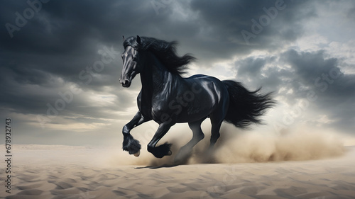 Tela black stallion horse running in the sand