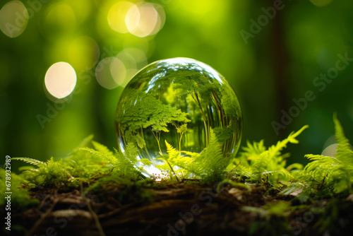 Glass globe surrounded by verdant forest flora, symbolizing nature, environment, sustainability, ESG, and climate change awareness © MVProductions