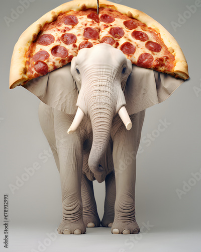 Close up of elephant with pizza slices on his head,minimal composition,yellow,orange,beige,burgundy and gray colors.Creative food concept