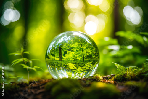 Glass globe surrounded by verdant forest flora, symbolizing nature, environment, sustainability, ESG, and climate change awareness