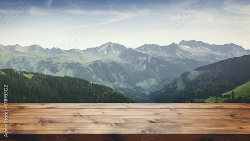 wooden table top with the mountain landscape  AI Generative.