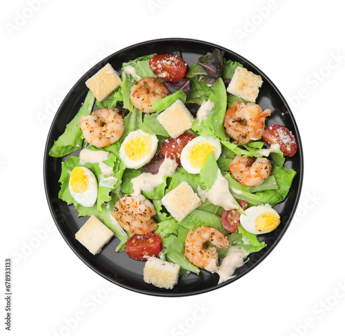Delicious Caesar salad with shrimps isolated on white, top view