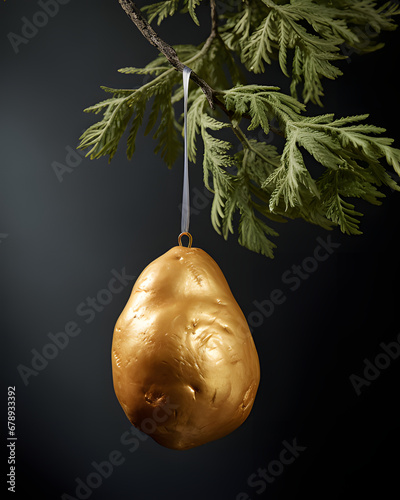 golden christmas potato ball ornament hangin on a christmass tree,black,green and gold colors,minimal composition,celebrational winter concept.Creative food concept. photo