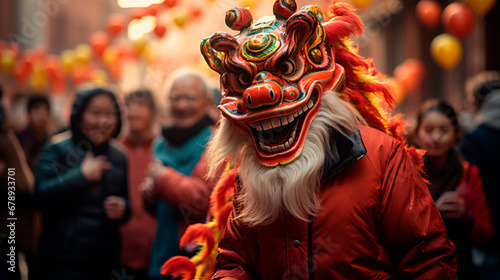 Máscara de dragon en una celebración del año nuevo chino en una calle 
