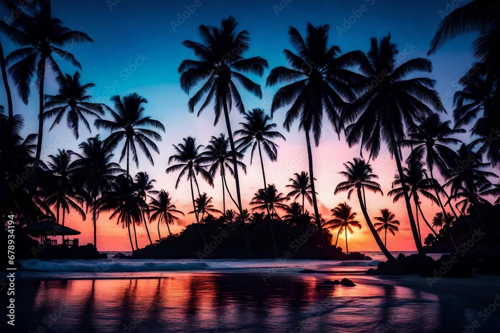 Night landscape with palm trees, against the backdrop of a neon sunset, stars. Silhouette coconut palm trees on beach at sunset. Vintage tone. Space futuristic landscape. Neon palm tree 