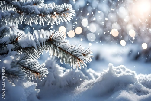 eautiful winter background image of frosted spruce branches and small drifts of pure snow with bokeh Christmas lights and space for text