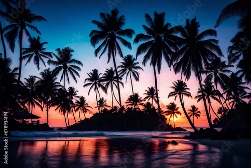 Night landscape with palm trees, against the backdrop of a neon sunset, stars. Silhouette coconut palm trees on beach at sunset. Vintage tone. Space futuristic landscape. Neon palm tree  © Malik