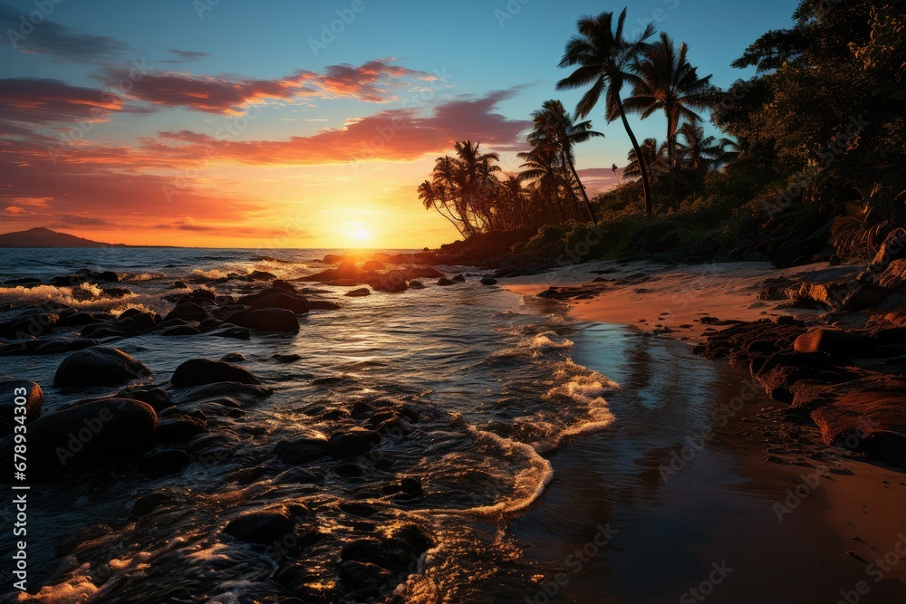 Golden Hour Serenity: The Tranquil Waters of a Tropical Beach at Sunset