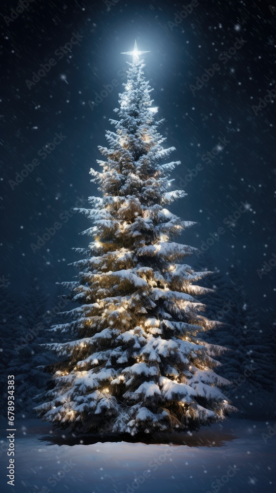 Winter Wonderland: A Celestial-Centered Evergreen Tree Adorned with Snow and Ornaments